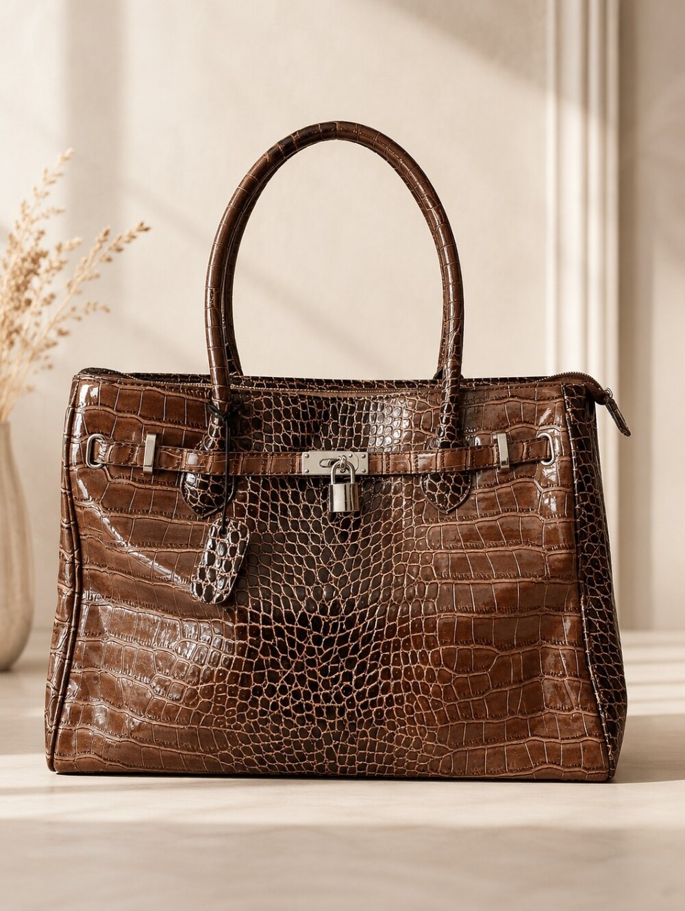 Firkin Classic Brown Croc-Embossed Tote Handbag
